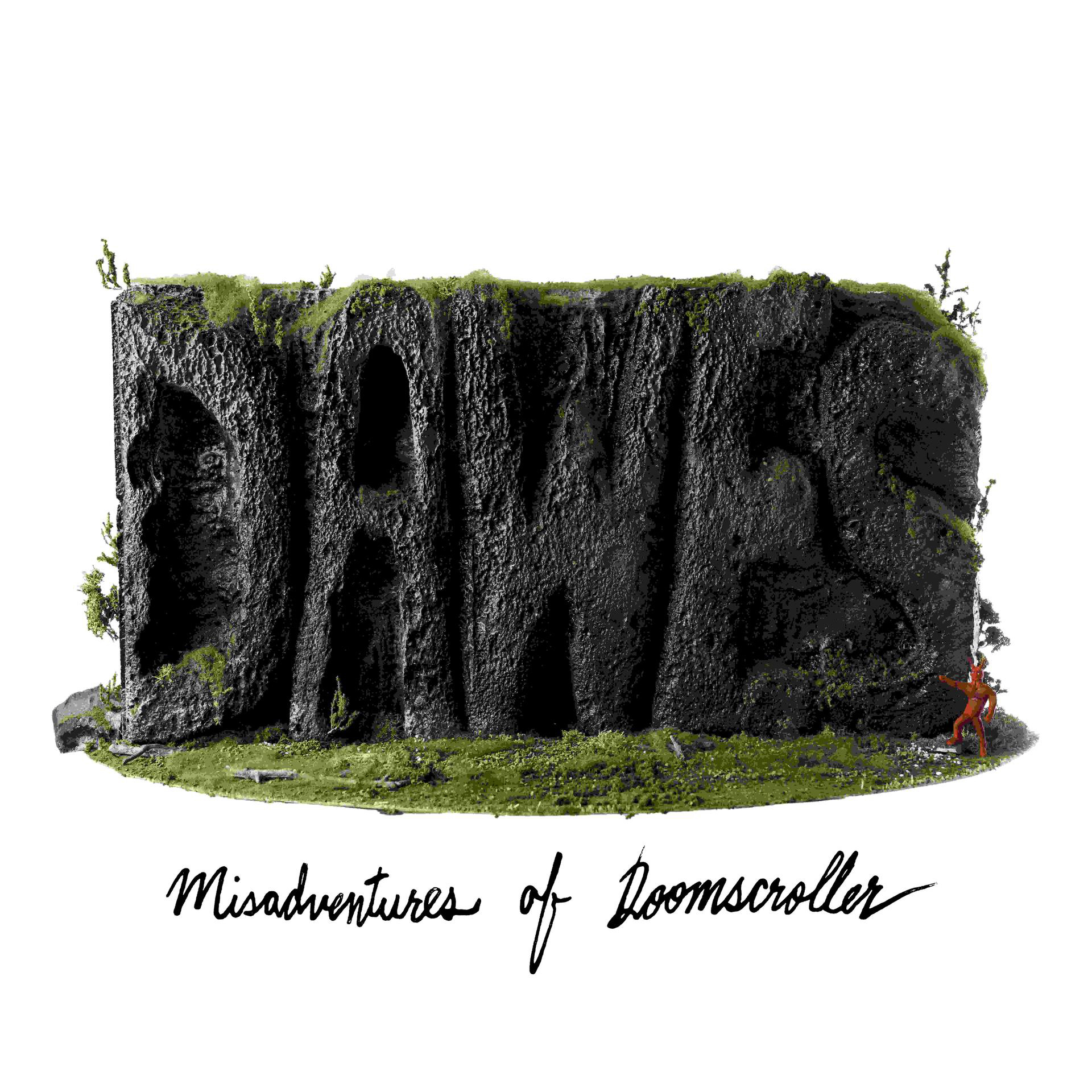 Buchcover von 'Misadventures of Doomsroller' mit Text, der in einen Felsen gemeißelt ist.
