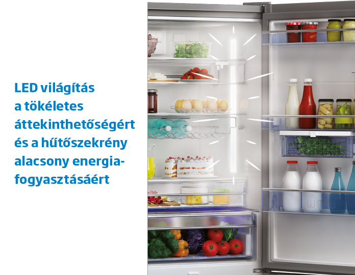 Egy hűtőszekrény LED világítással, polcain élelmiszerekkel. Magyar nyelvű szöveg is látható.