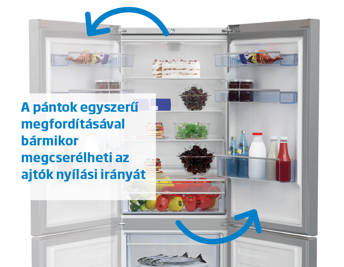 Egy hűtőszekrény nyitott ajtókkal, ételekkel és polcokkal. Nyilak jelzik az ajtónyitást.