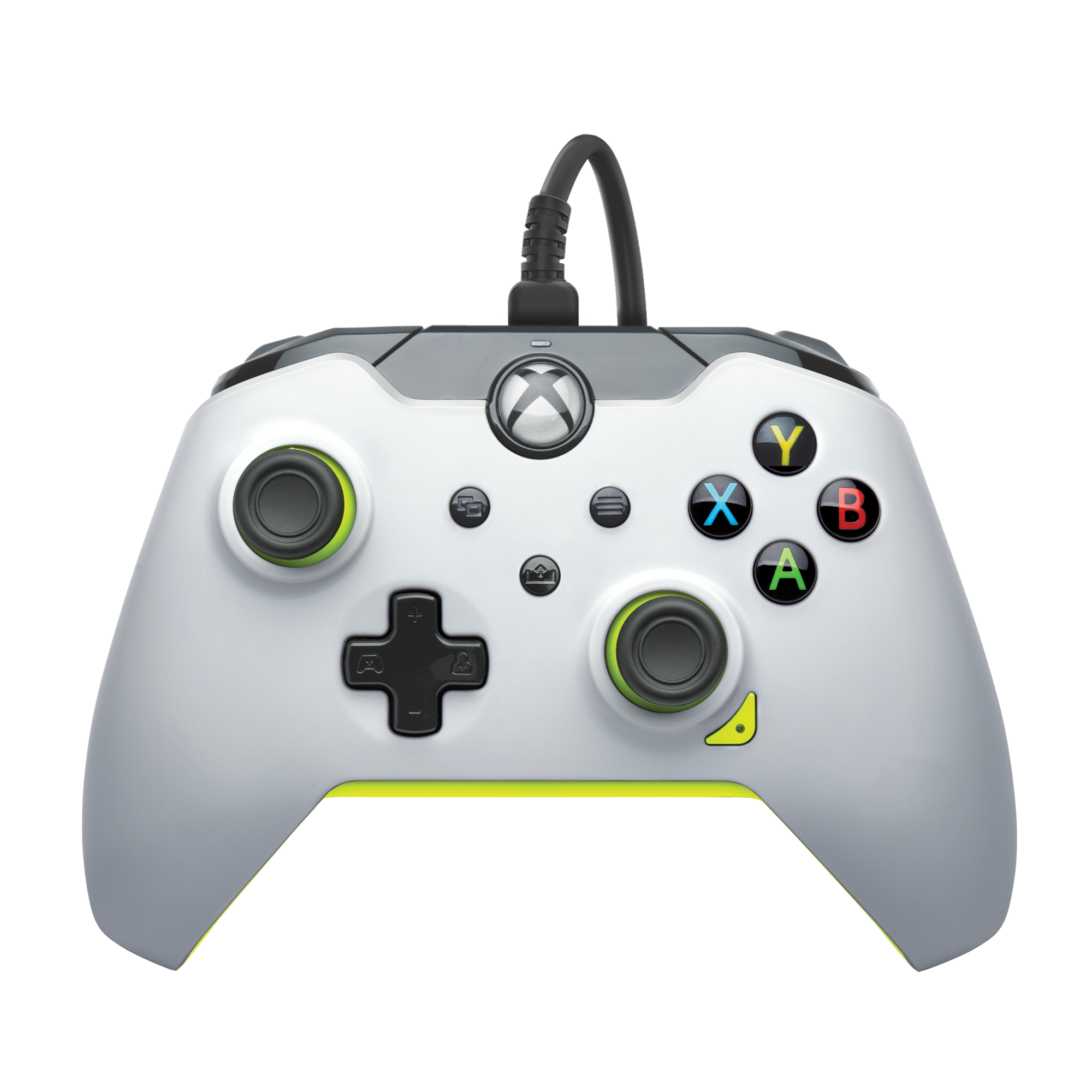 Weiß-grauer Xbox-Controller mit schwarzem Kabel, farbigen Knöpfen.