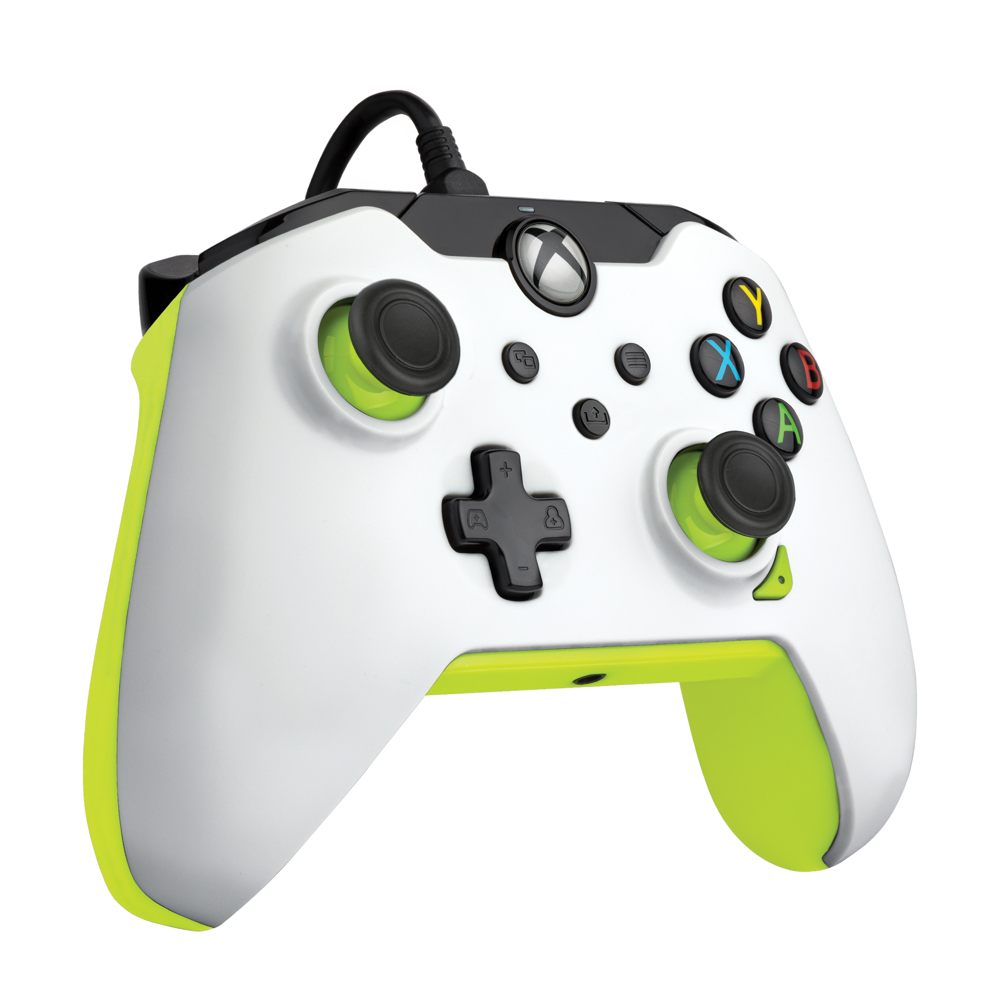 Weißer und grüner Xbox-Controller, mit Knöpfen und Joystick.