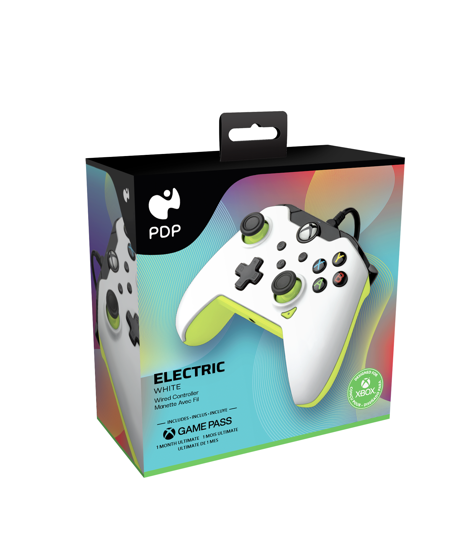 Weiß-grüner Xbox-Controller in der Box. Elektro-Titel. Inklusive Game Pass. Xbox-Logo.