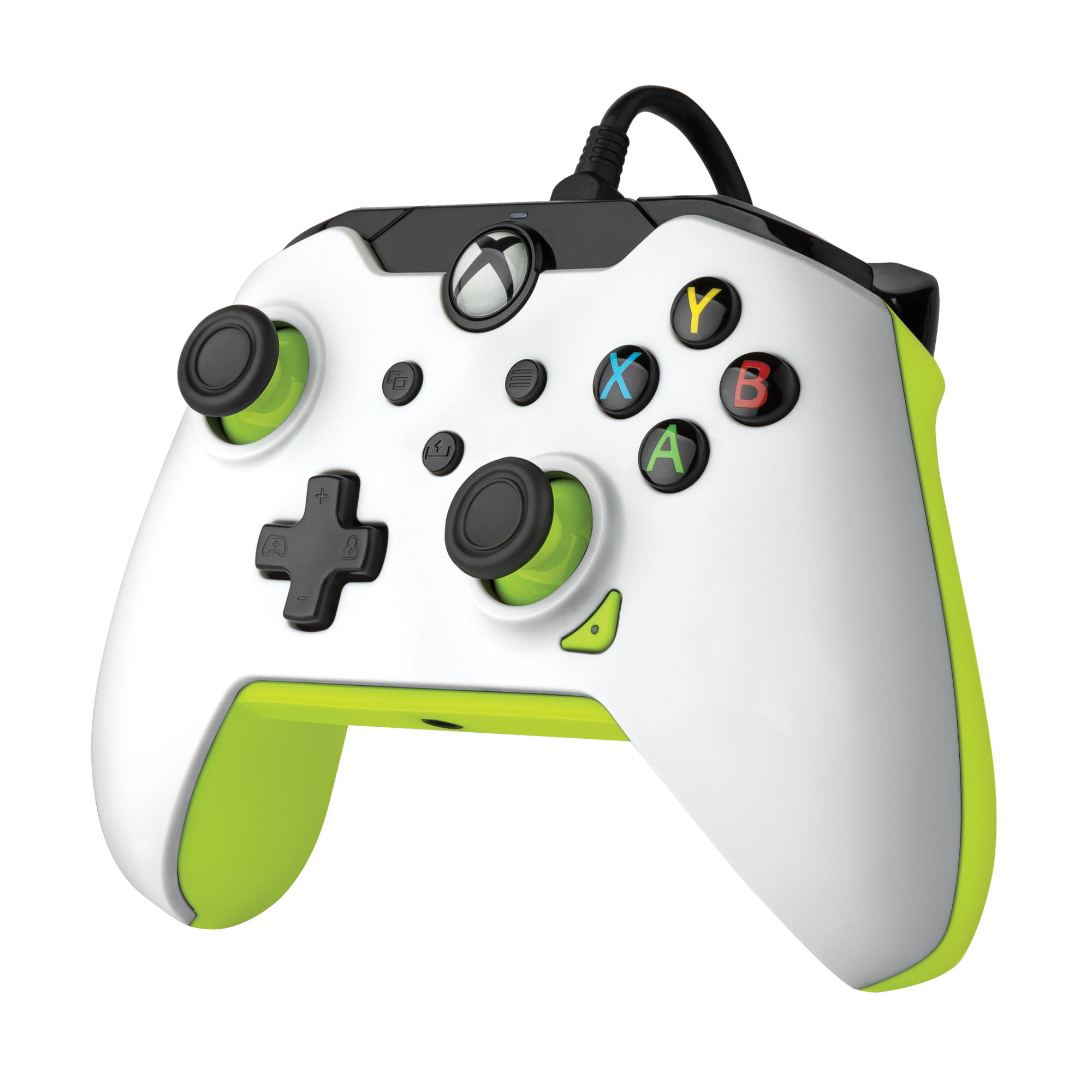 Ein weißer Xbox-Controller mit schwarzen Knöpfen und grünen Akzenten auf schwarzem Hintergrund.