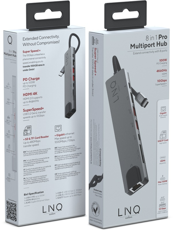 Deux boîtes d'un hub multiport 8 en 1 Pro, avec les spécifications imprimées sur le devant.