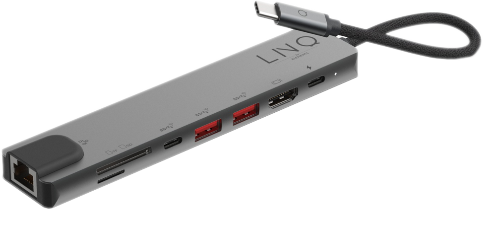 Un hub USB-C gris avec plusieurs ports et un câble connecté.