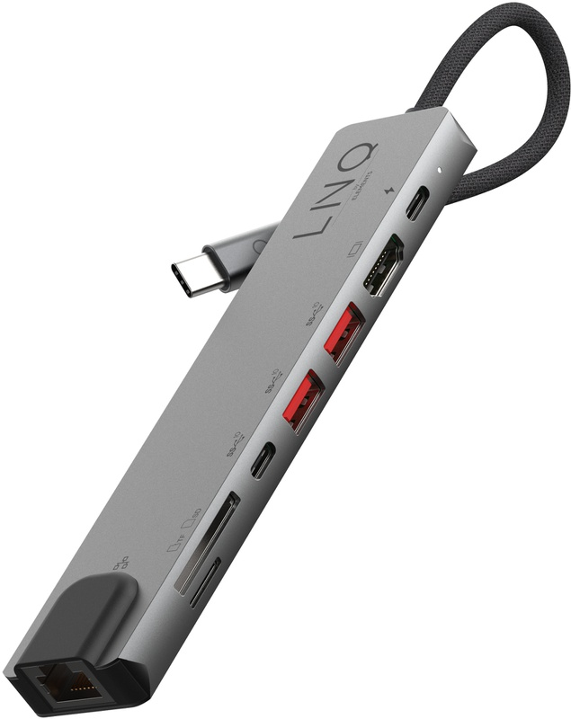Hub USB-C argenté avec plusieurs ports, dont USB, HDMI et fente pour carte SD.