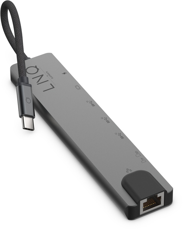 Hub USB-C gris avec plusieurs ports et un câble noir, sur fond blanc.