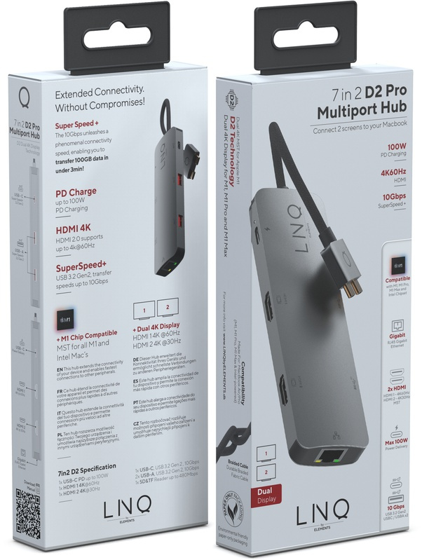 Deux boîtes d'un adaptateur multiport, une avec un câble. Le texte est en anglais et en chinois.