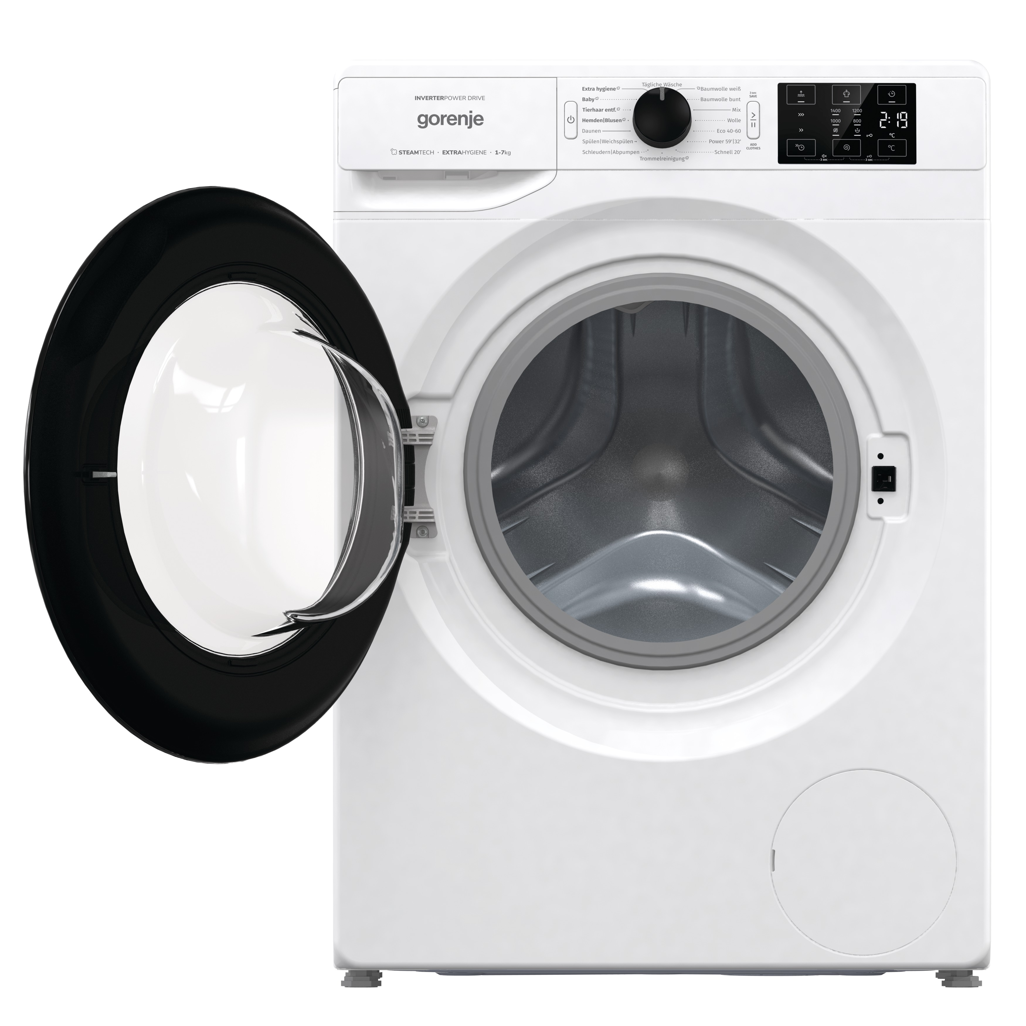 Eine weiße Waschmaschine mit offener schwarzer Tür.