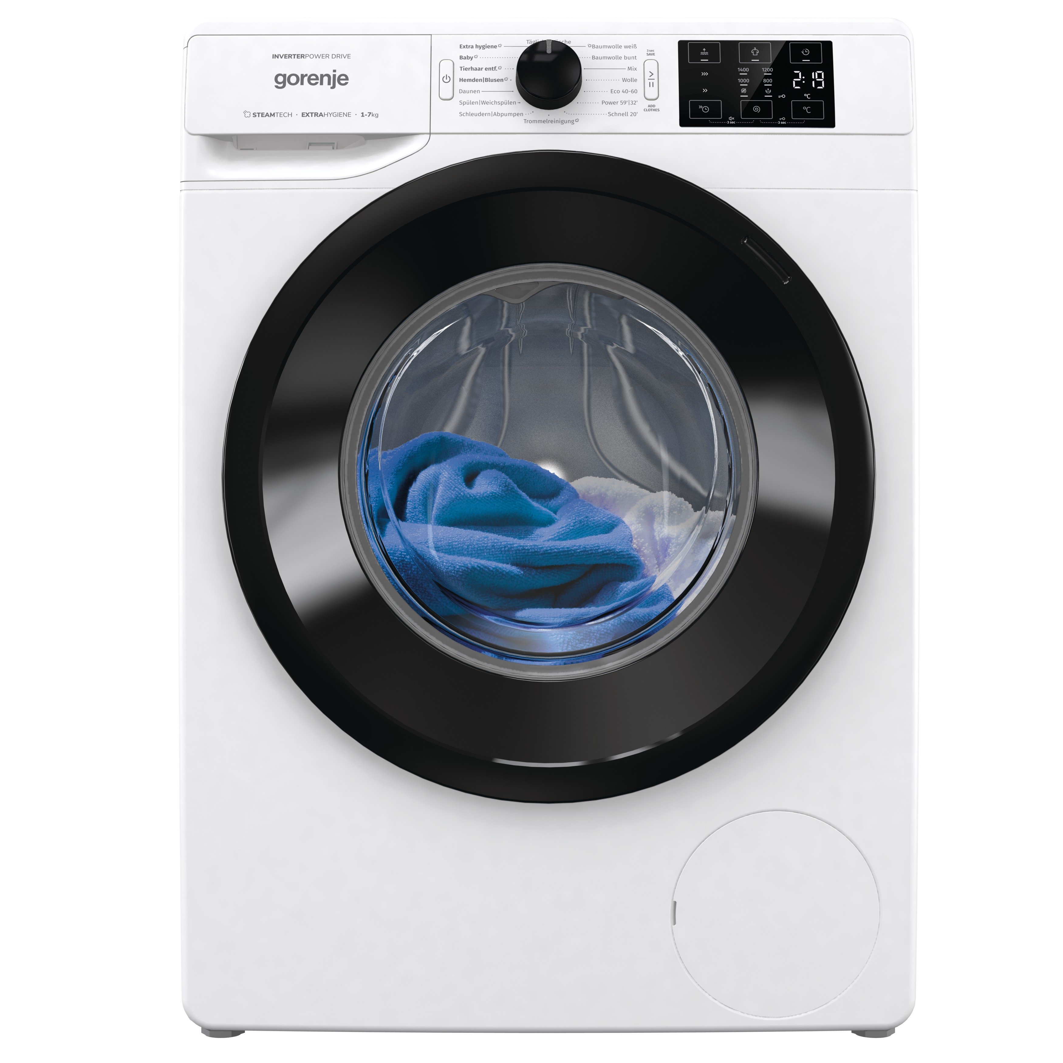 Weiße Waschmaschine mit schwarzer Tür, blauem Handtuch und Bedienfeld oben. Gorenje Markenname ist sichtbar.