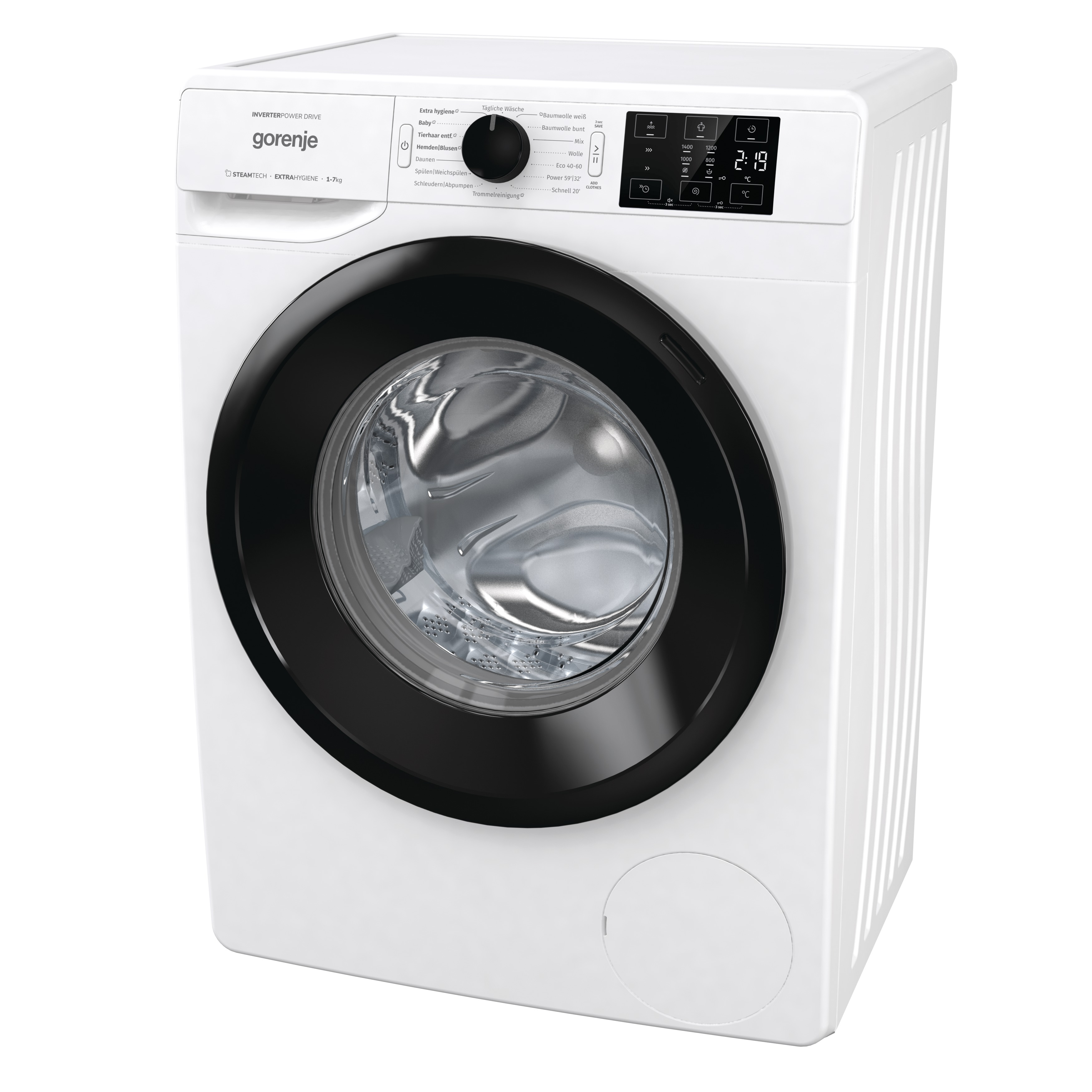 Weiße Gorenje Waschmaschine mit schwarzem Türrahmen und Digitalanzeige.