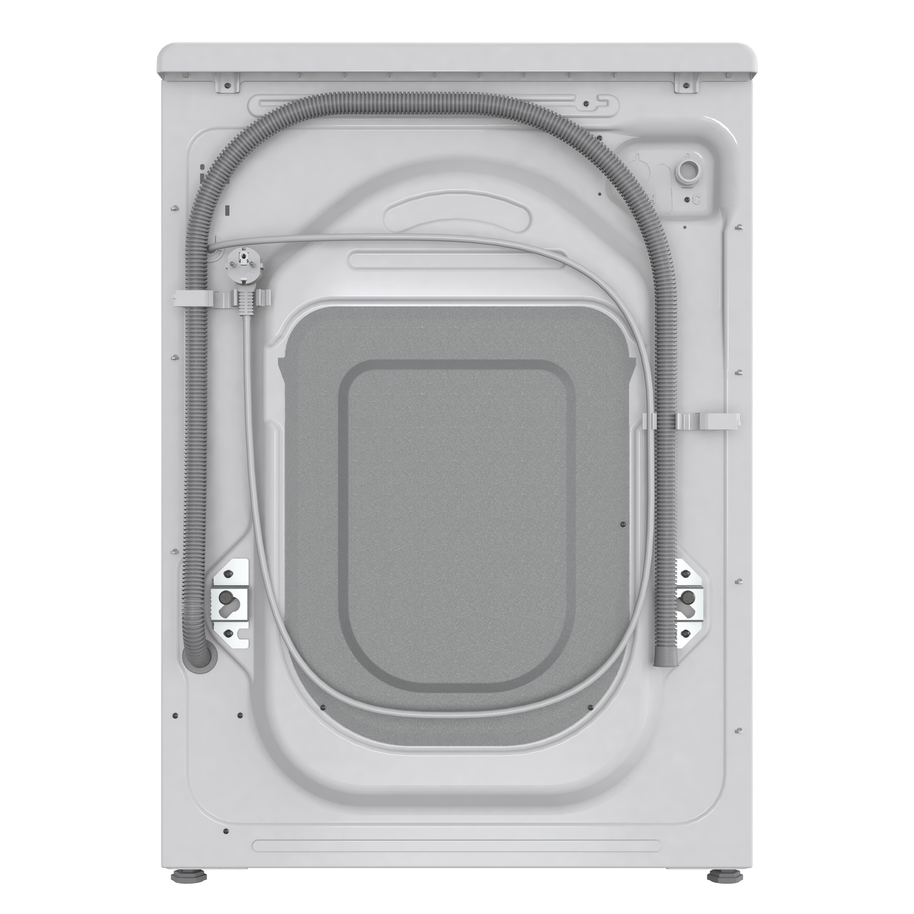 Rückseite der weißen Waschmaschine mit Schläuchen, Bauteilen und grauem Panel.