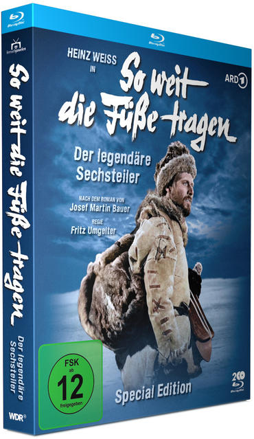 Blu-ray-Hülle für 'So weit die Füße tragen'. Ein Mann in Winterkleidung steht im Mittelpunkt.