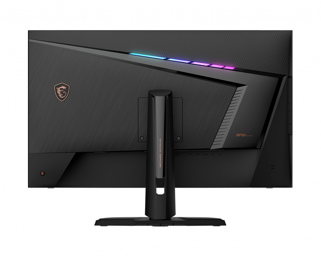 Rückansicht eines schwarzen Gaming-Monitors mit bunten Lichtern und einem Ständer.