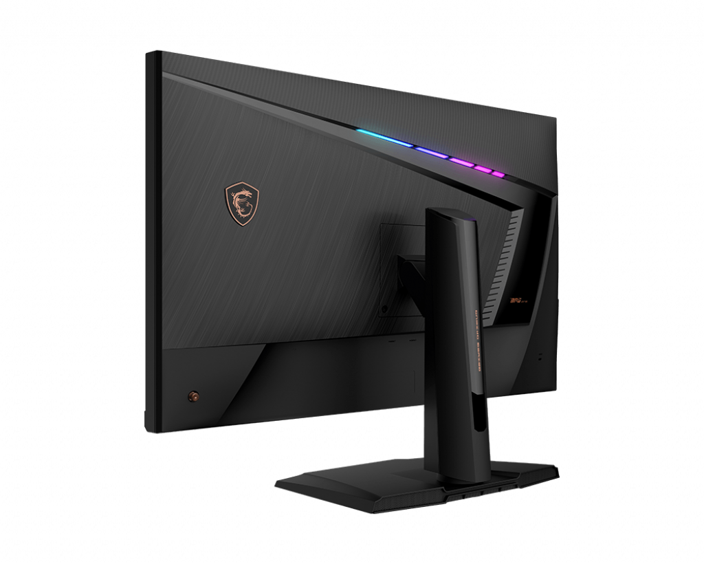 Rückansicht eines schwarzen MSI-Monitors mit Ständer. Branding und Anschlüsse sind sichtbar.