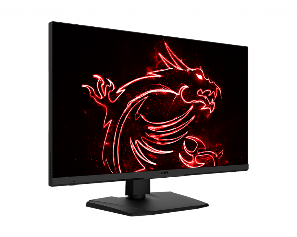 Schwarzer MSI-Monitor mit roter Drachengrafik auf schwarzem Grund.