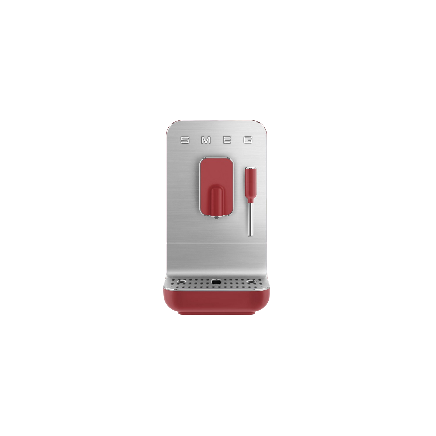 Cafetera roja y plateada. El frente es plateado con una parte roja. La máquina tiene un asa roja y dos boquillas.