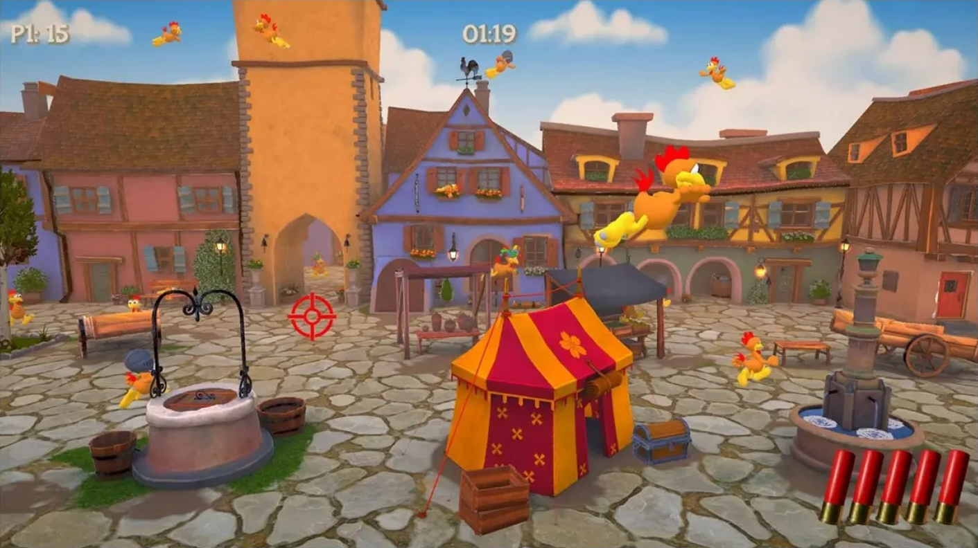 Eine Videospielszene mit Cartoon-Hühnern, die um ein Dorf fliegen.
