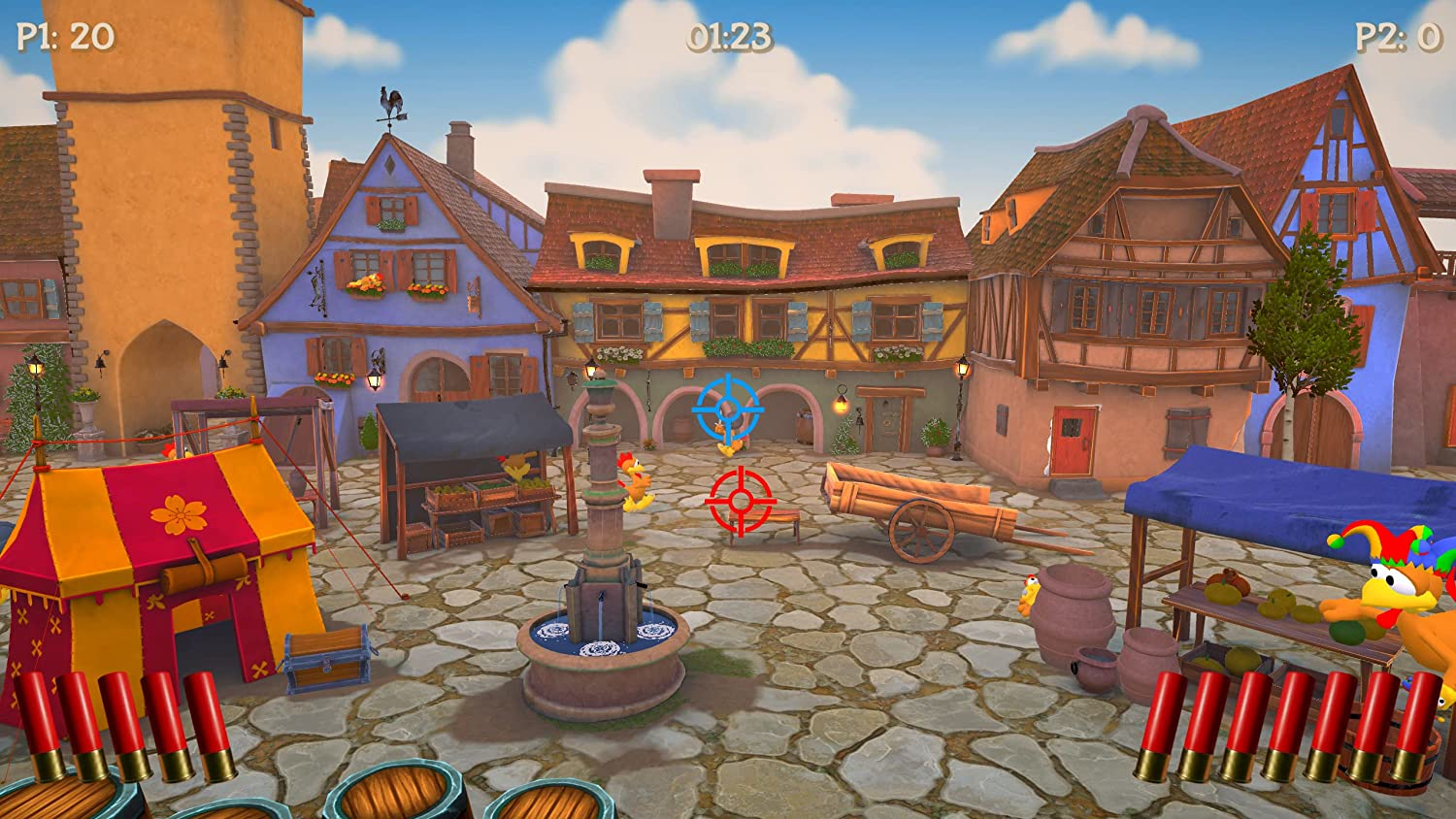 Eine Cartoon-Spielszene mit Gebäuden, einem Brunnen, Zielen und einer Spieloberfläche.