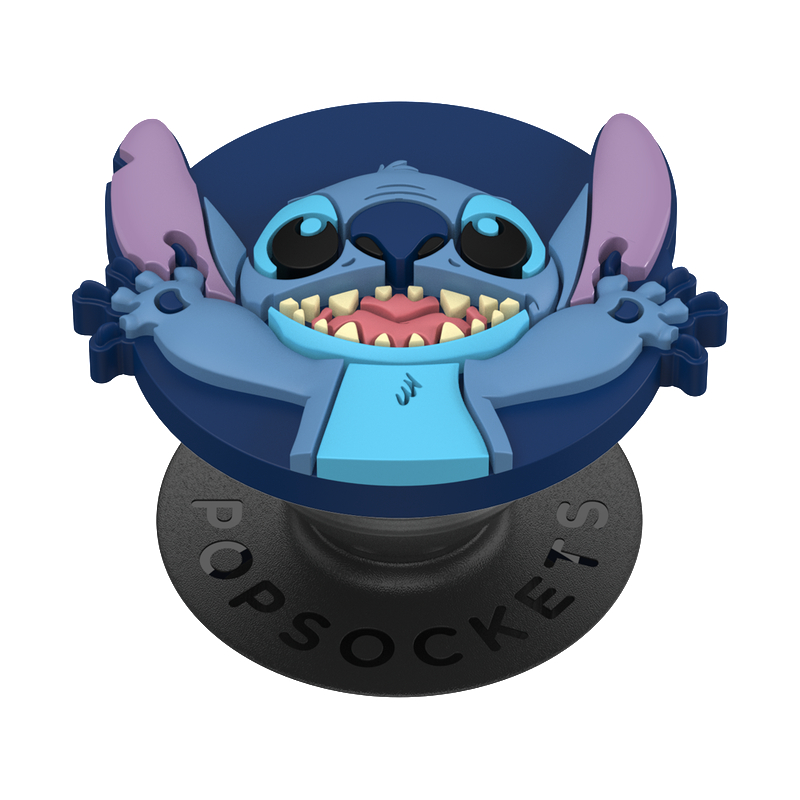 Stitch PopSocket, blauer Cartoon-Charakter mit offenen Armen auf schwarzer Basis.