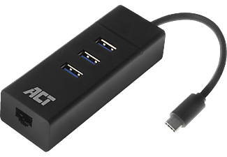 ACT USB Type -C  3 portos HUB, 3 db USB-A csatlakozó, 1 db Gigabit LAN adapter, fekete (AC6400)