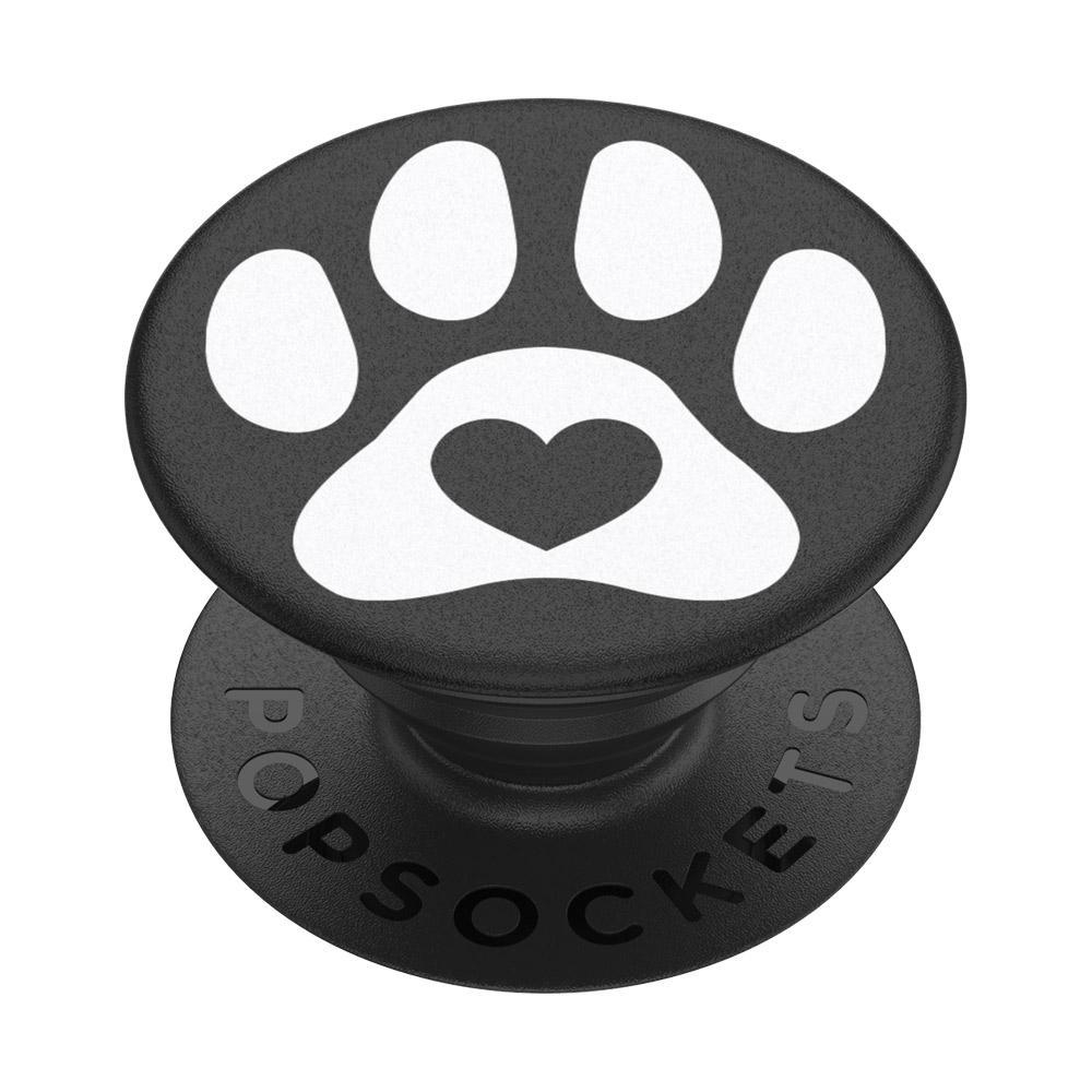 Schwarzer PopSocket mit weißem Pfotenabdruck und Herzdesign. Die Basis ist auch schwarz.
