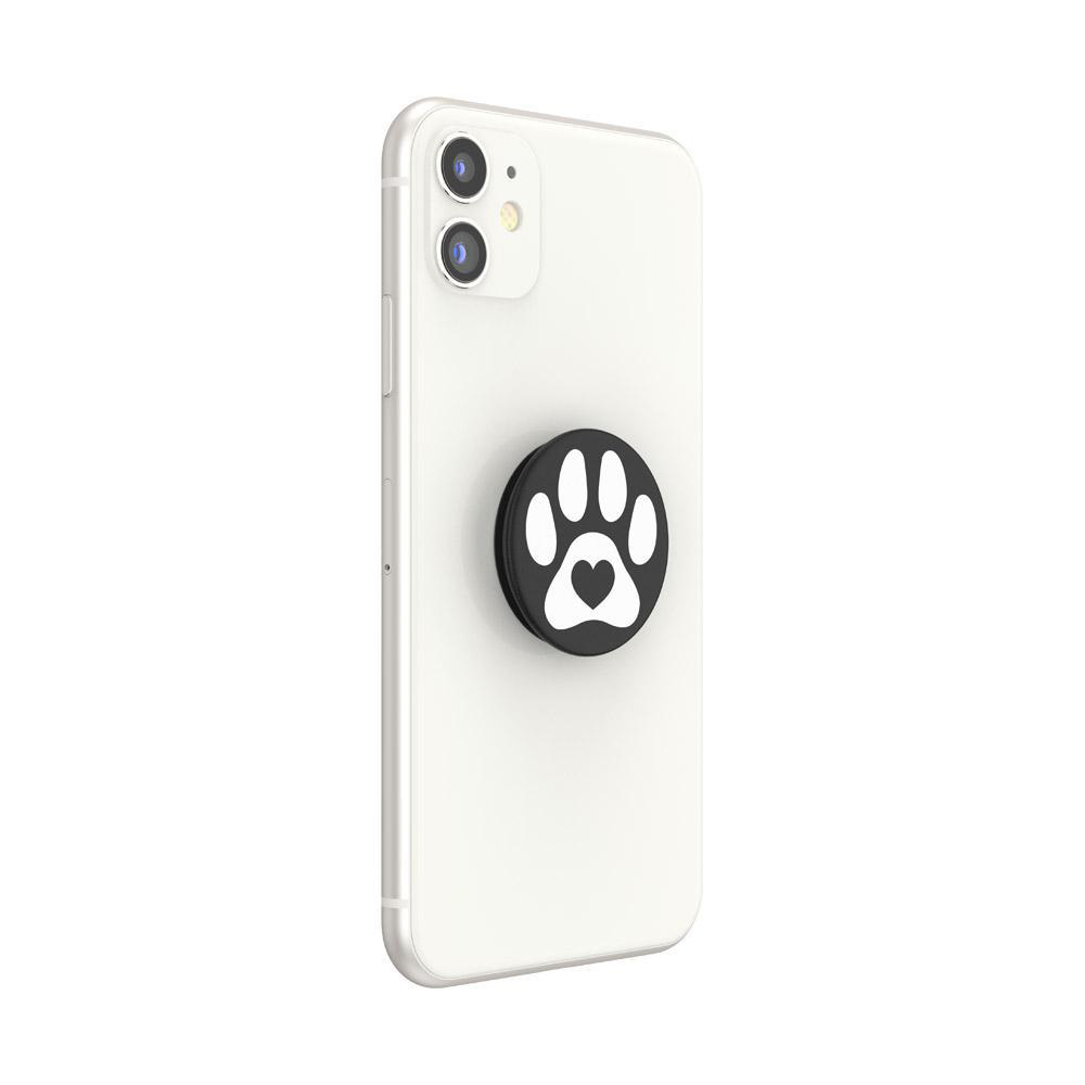 Weißes Telefon mit einem schwarzen Pfotenabdruck-PopSocket auf der Rückseite.