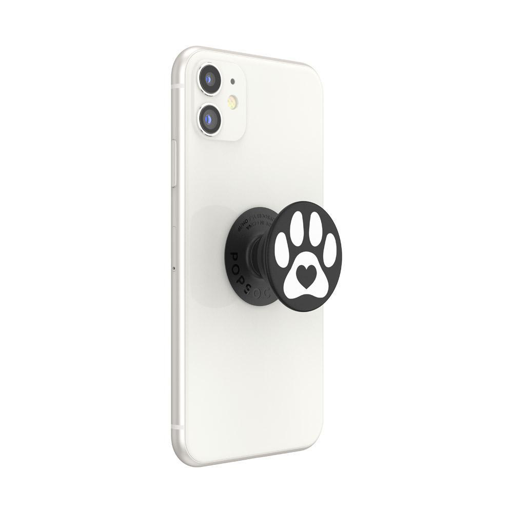 Ein weißes Telefon mit einem schwarzen Pfotenabdruck-Pop-Socket.