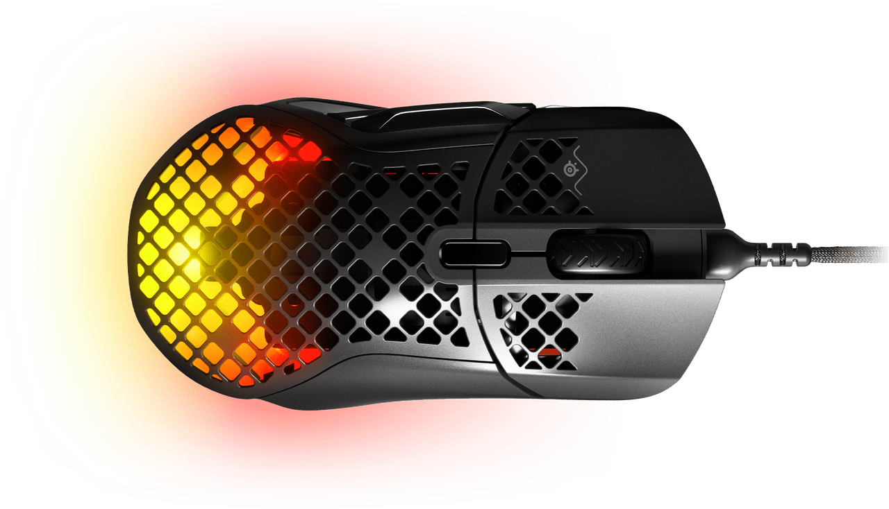Gaming mouse with vents and lights. Black and gray with red accents.