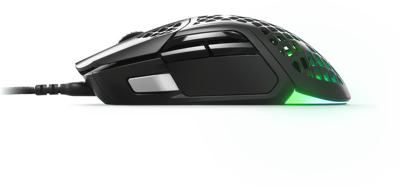 Black gaming mouse with honeycomb design and wired connection.