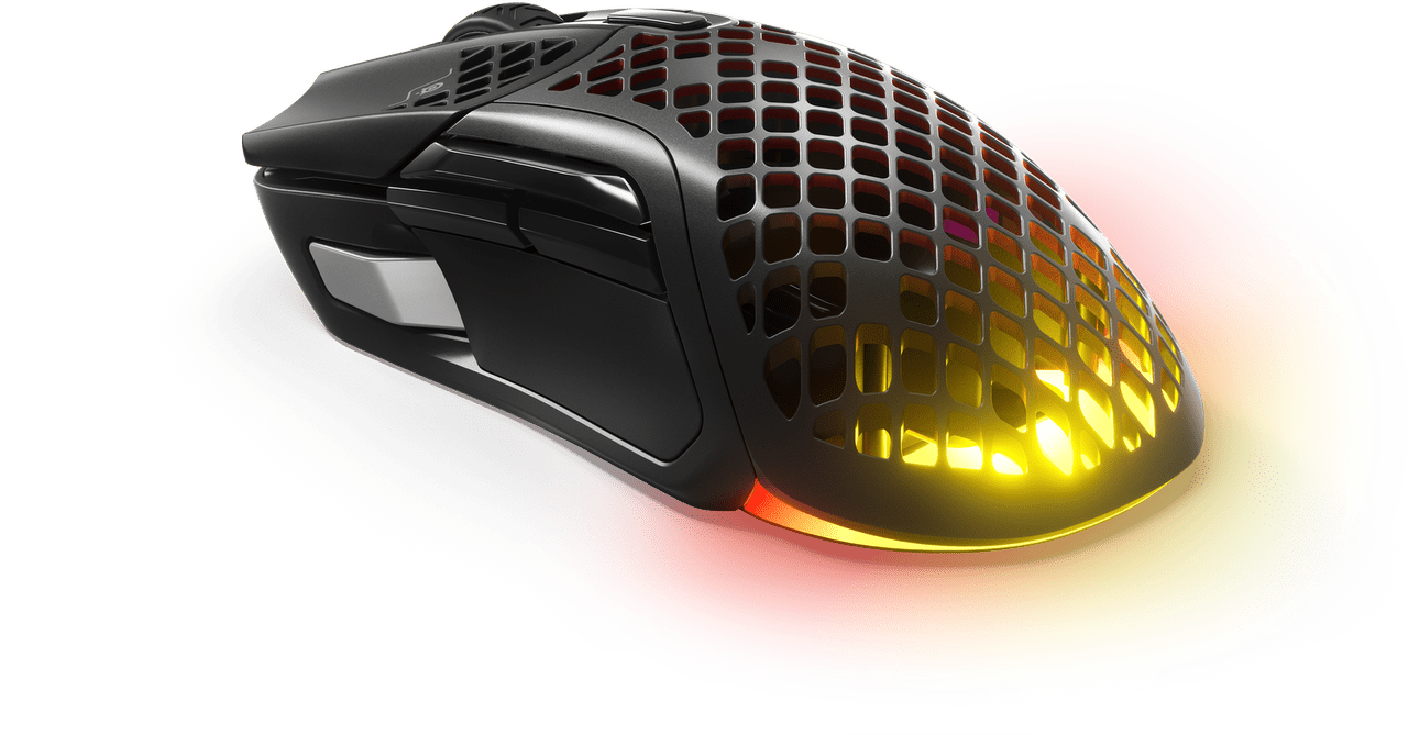 Zwarte gamingmuis met honingraat ontwerp en rood/gele verlichting op een vage achtergrond.