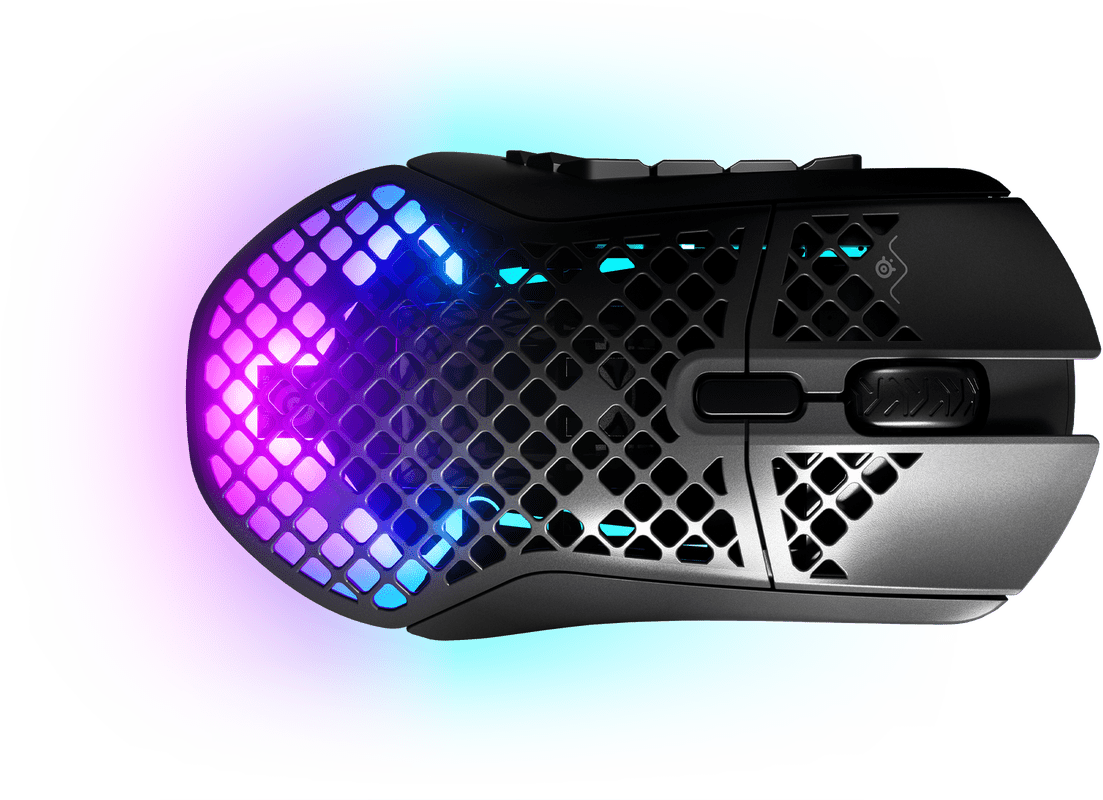 Black gaming mouse with honeycomb design and RGB lighting. The lighting has blue and purple hues.
