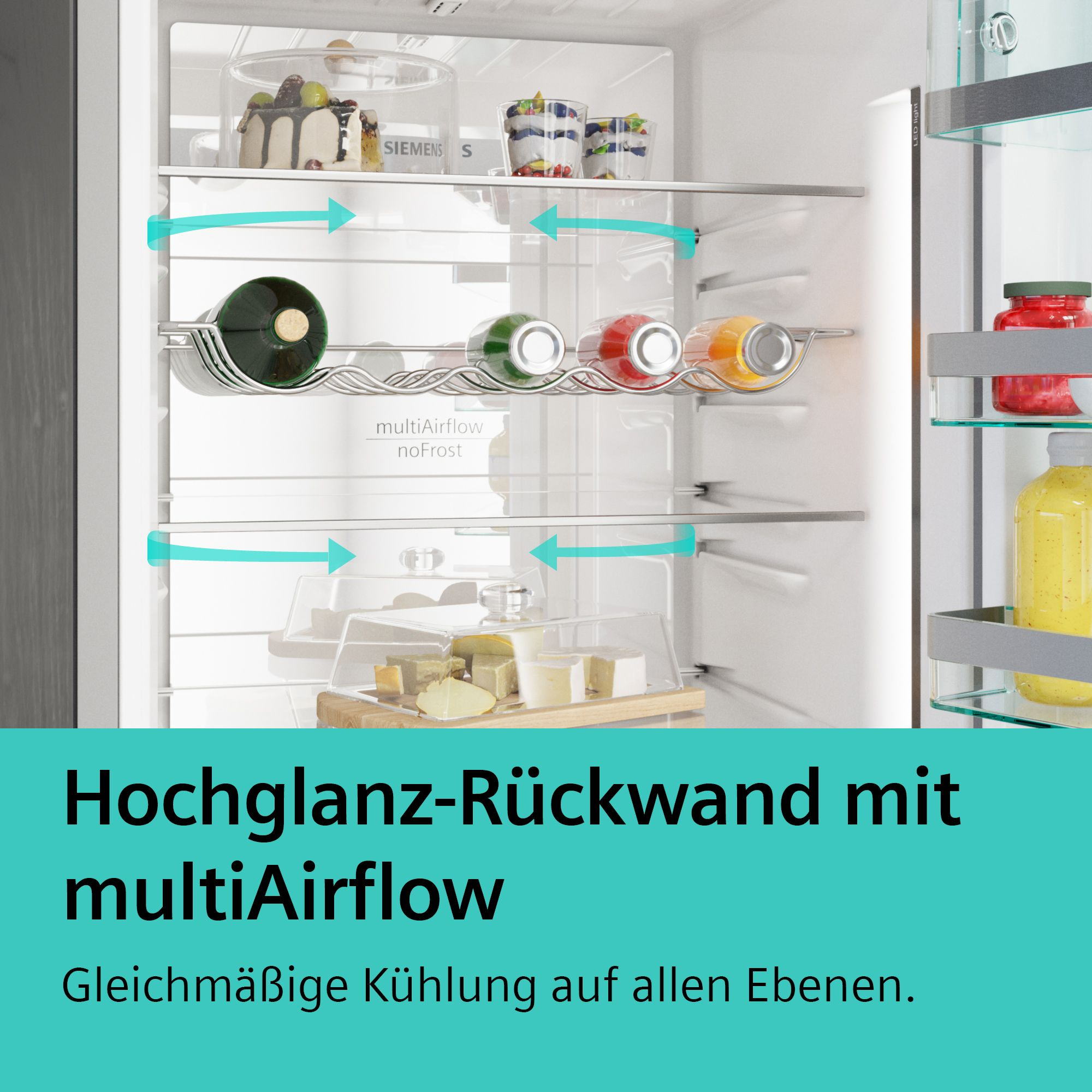 Im Inneren eines Siemens Kühlschranks, Regale mit Gegenständen. Der Text zeigt multiAirflow-Technologie mit Pfeilen.