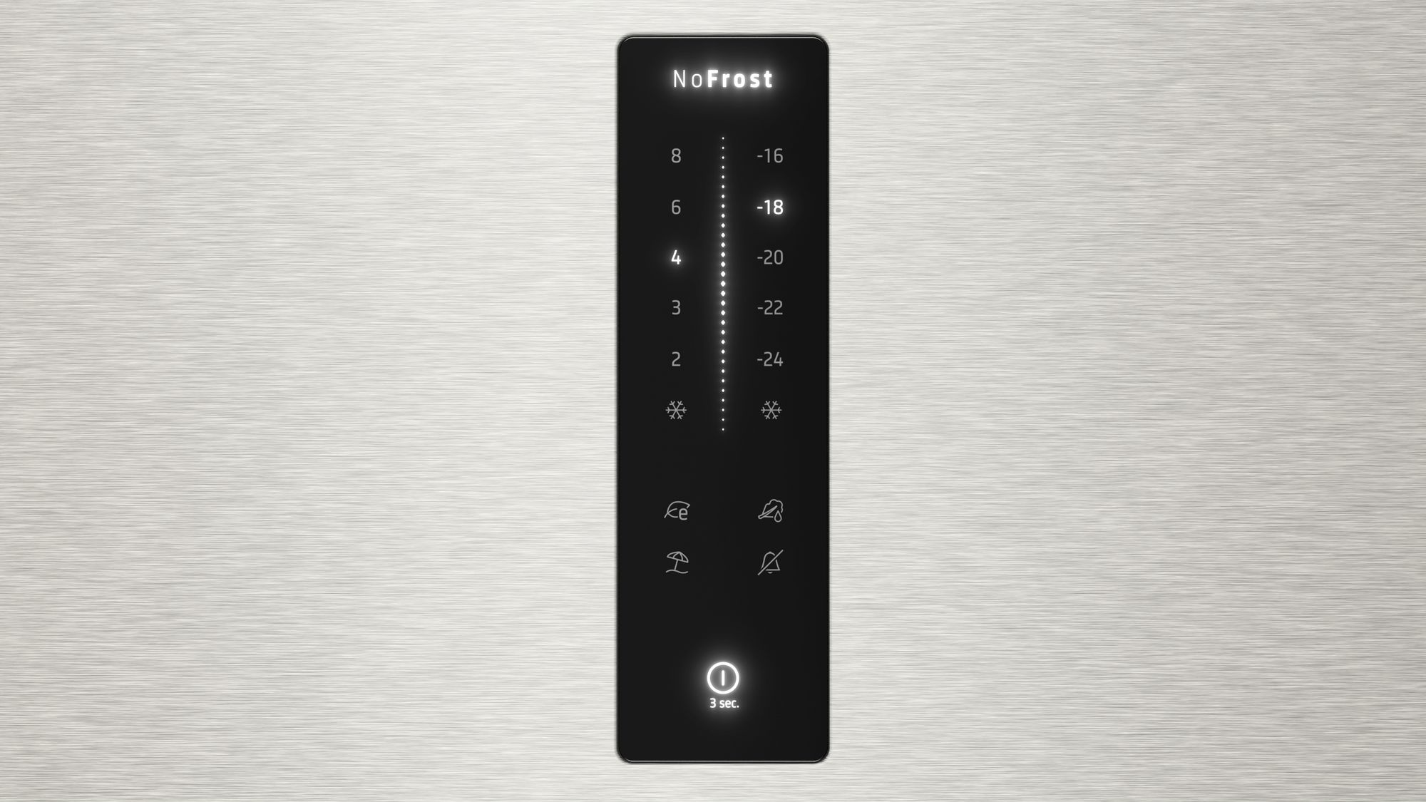 Ein schwarzes Bedienfeld mit einer NoFrost-Anzeige. Es zeigt Temperatureinstellungen an.