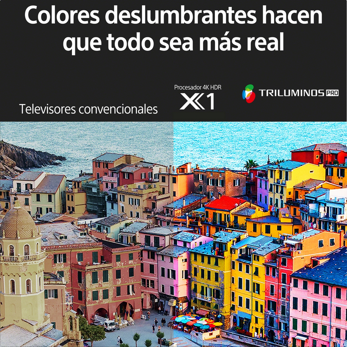 Pueblo costero colorido con texto sobre colores vibrantes.