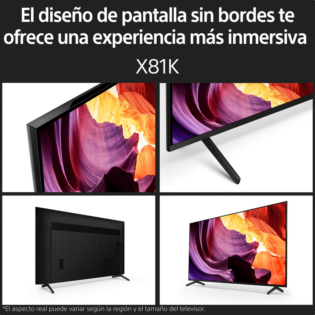 Cuatro imágenes de un televisor negro con un bisel delgado que muestra una pantalla colorida. El texto está en español.
