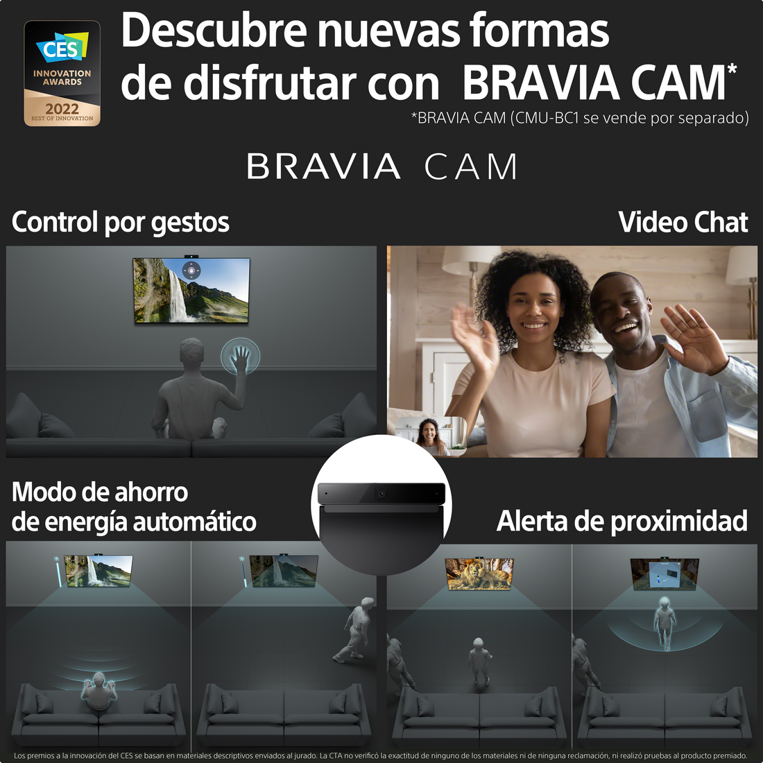 Anuncio de TV con cámara, videollamadas, control gestual y alerta de proximidad.