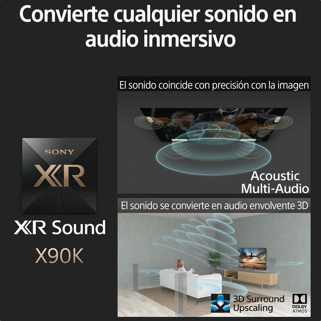 Imagen que muestra tecnología de audio con ondas de sonido y una mujer viendo la TV.
