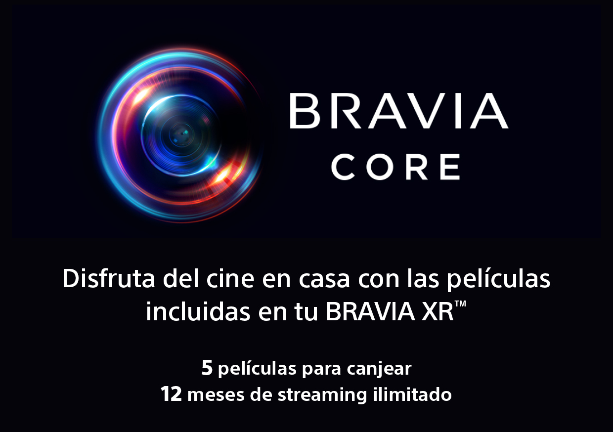 Logotipo de Bravia Core con texto, incluido '5 películas para canjear'.