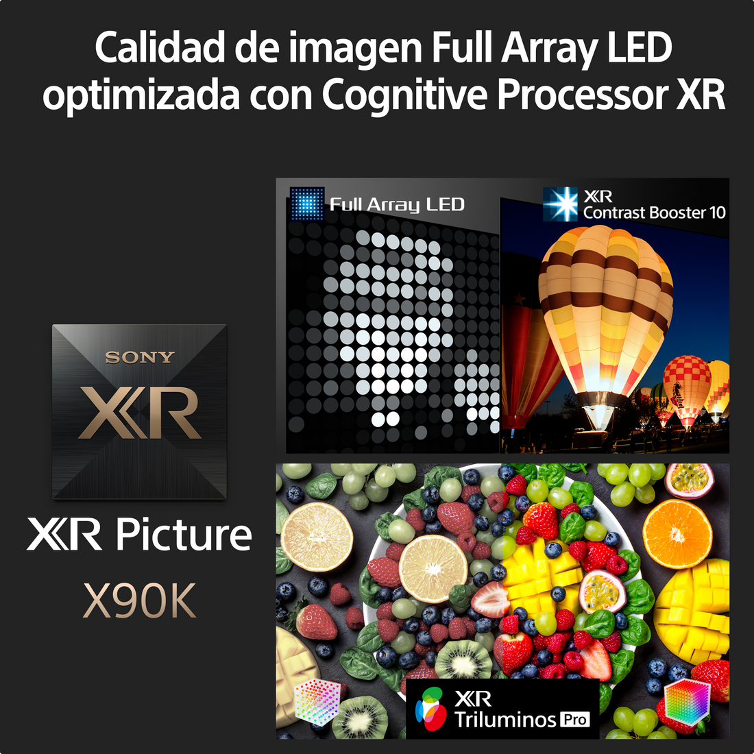 Pantalla de TV con texto e imágenes de LED, globos aerostáticos y frutas. También hay logotipos.