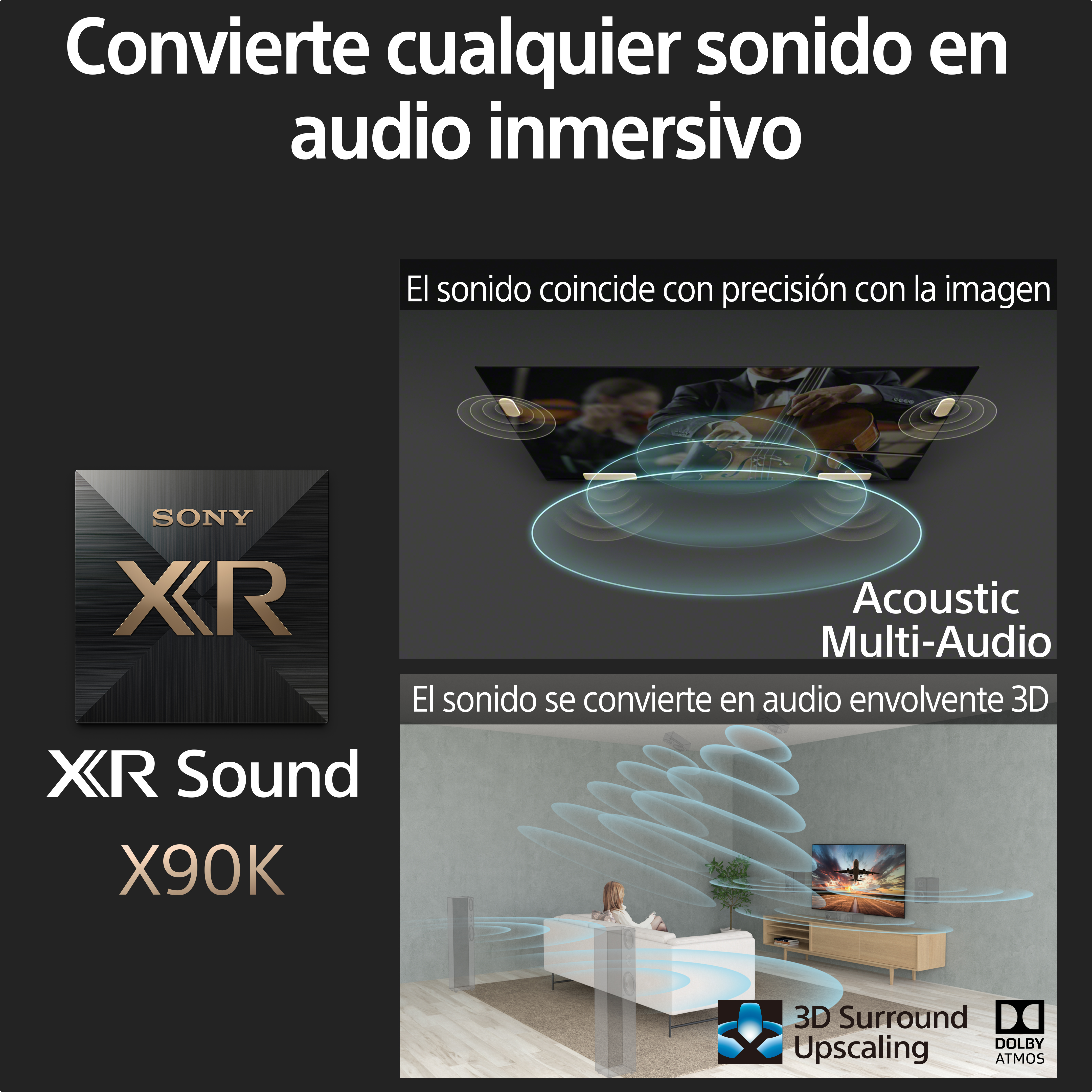 Imagen muestra un sistema de sonido Sony XR con texto que describe audio inmersivo y upscaling de sonido envolvente 3D.