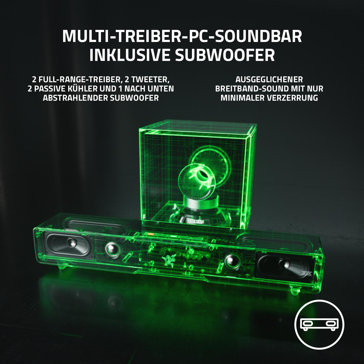 Eine leuchtende Soundbar und ein Subwoofer. Text beschreibt die Eigenschaften des Soundsystems.