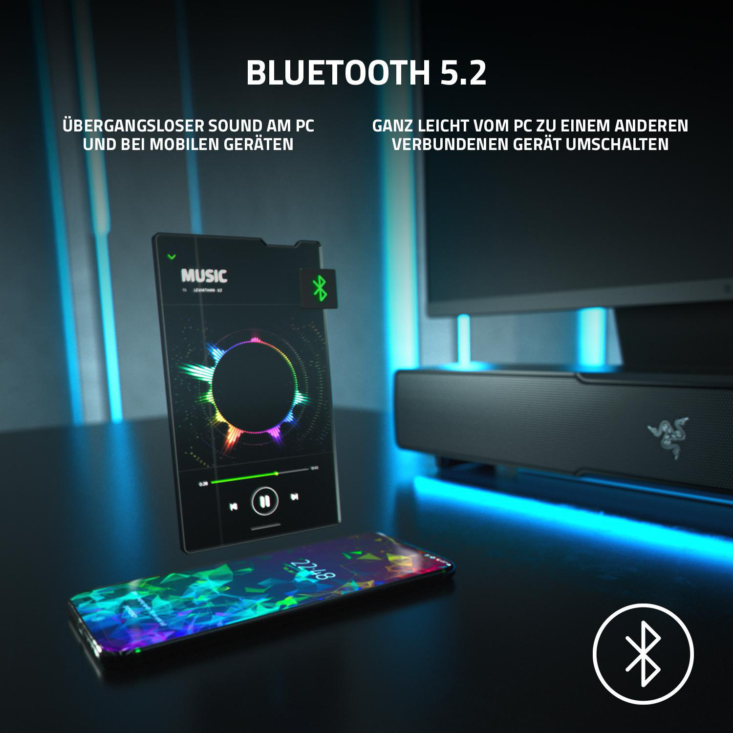 Ein Telefon und ein Gerät mit Bildschirm liegen auf einem Tisch, mit Text zu Bluetooth 5.2. Neonblauer Hintergrund.