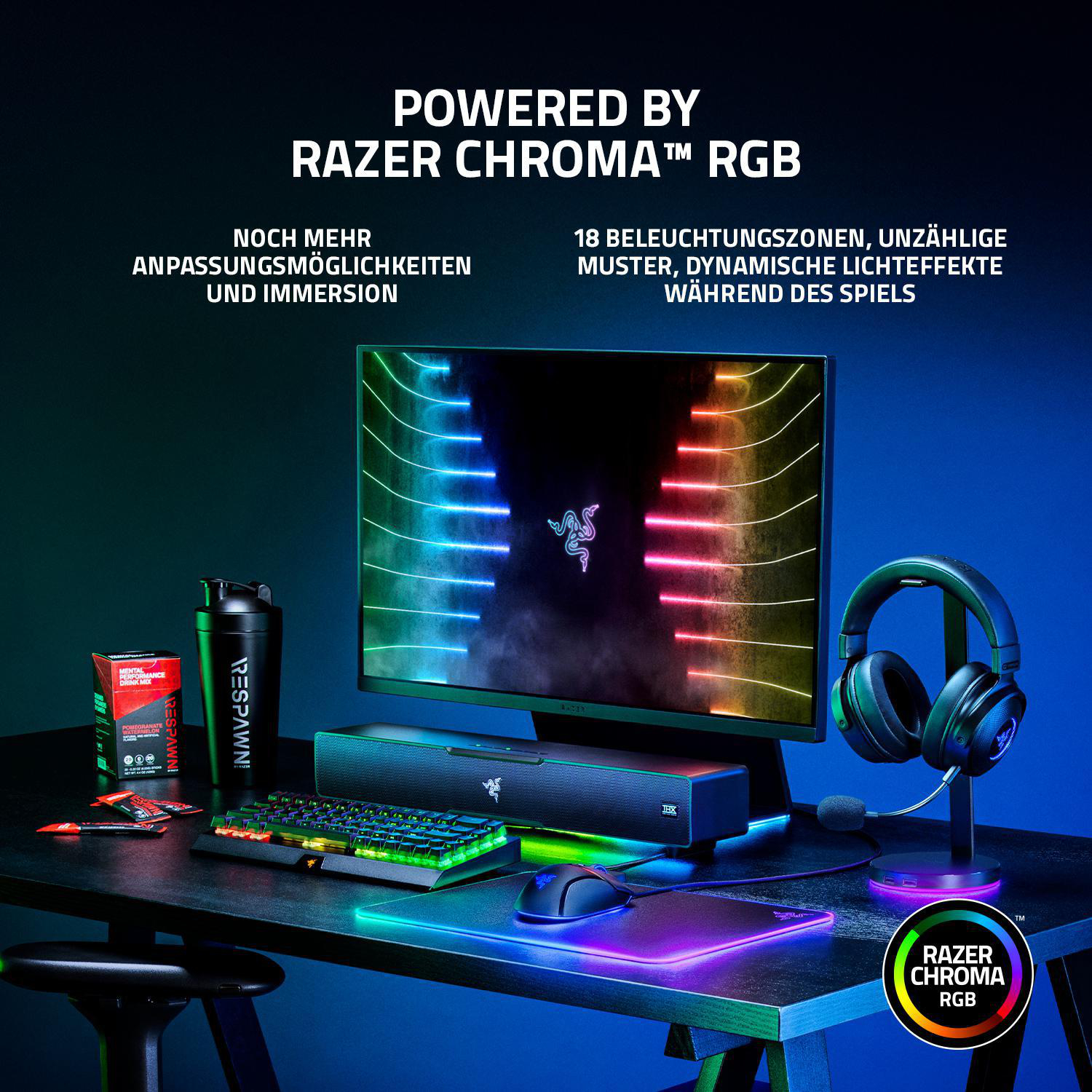 Gaming-Setup mit einem Monitor, der bunte Lichter anzeigt, Tastatur, Maus, Kopfhörer und Getränk.