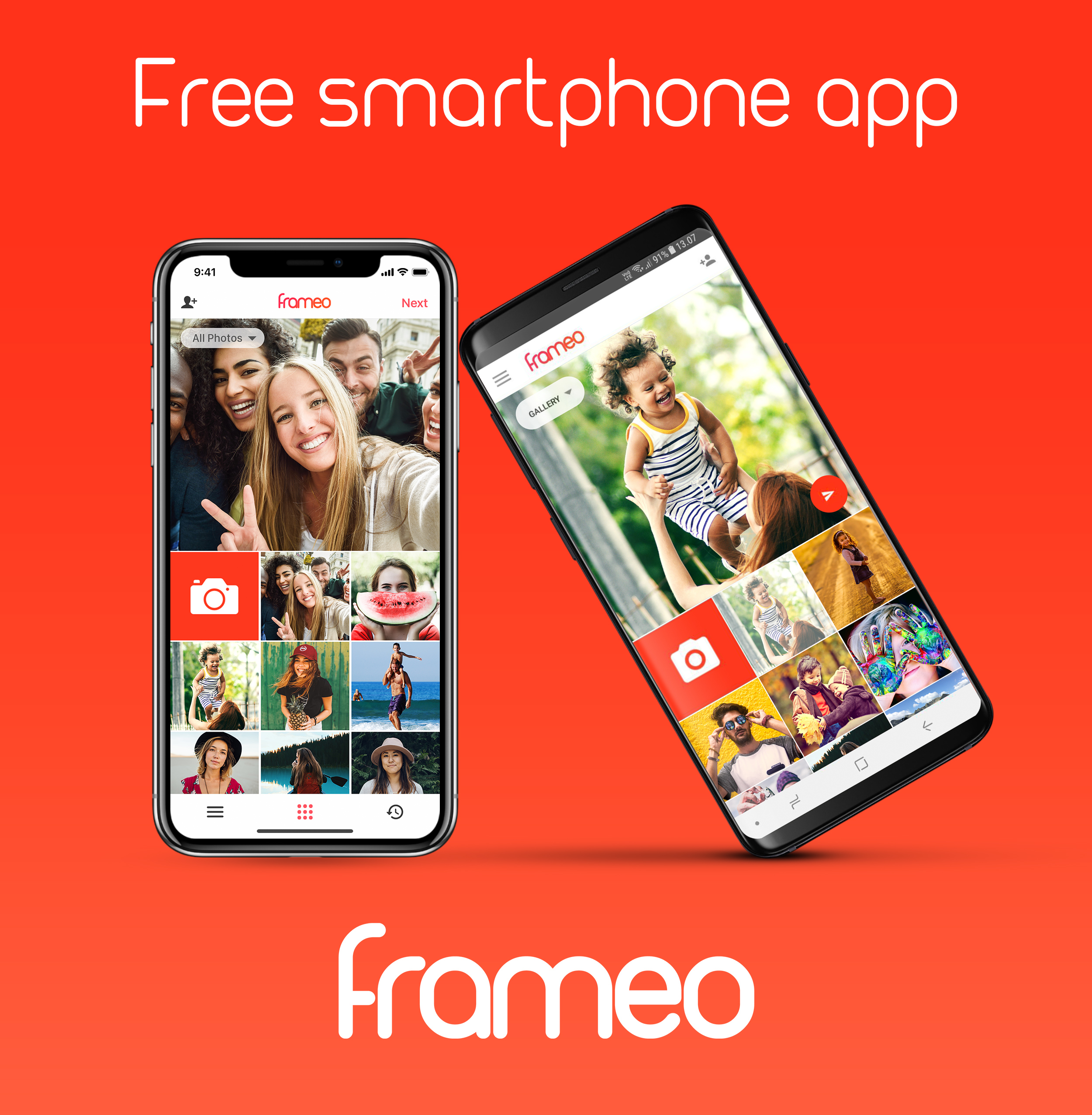 Deux téléphones affichant l'interface de l'application Frameo, avec des photos de personnes. Le fond est rouge.