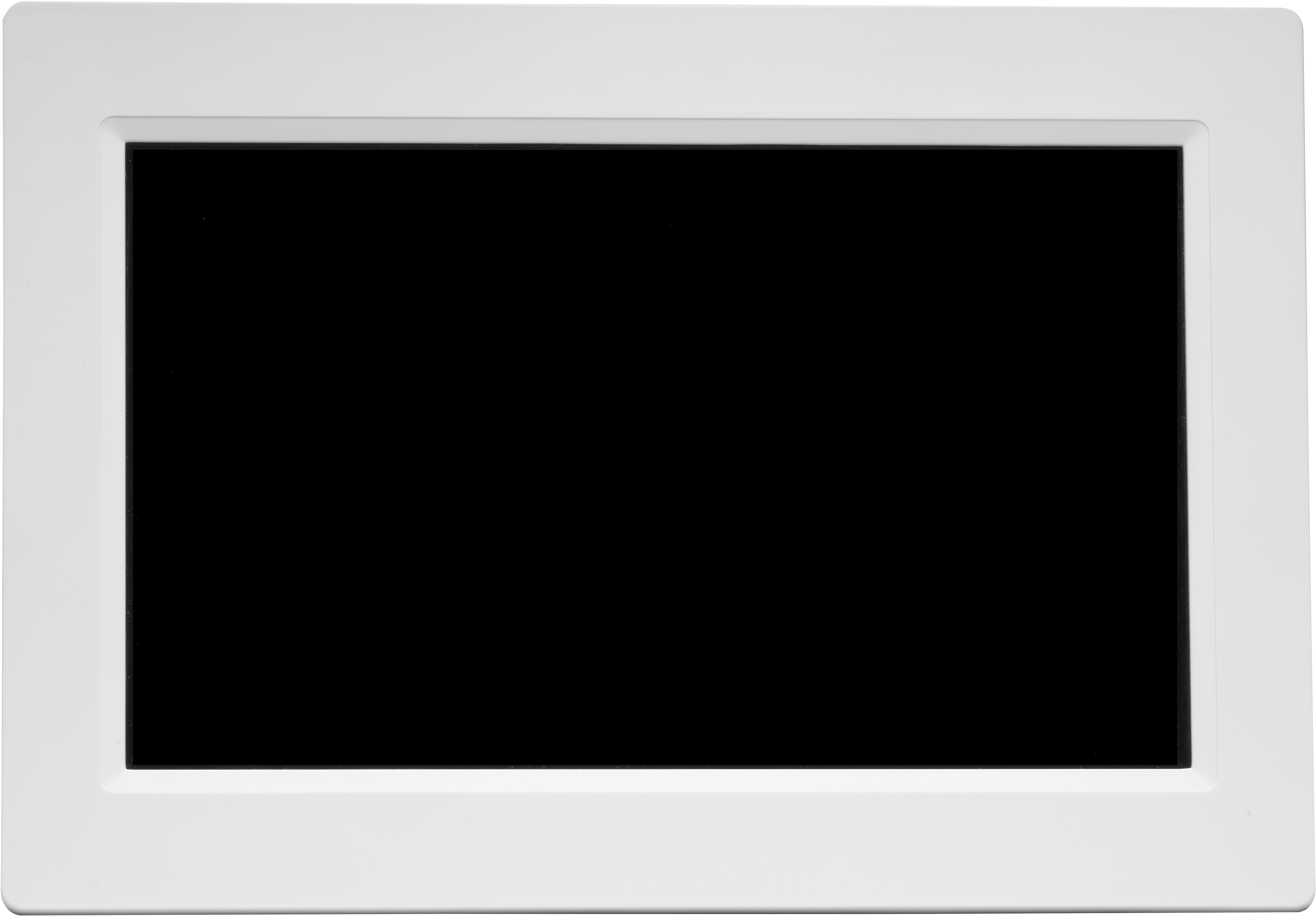 Cadre photo blanc avec écran noir. Le cadre est rectangulaire.