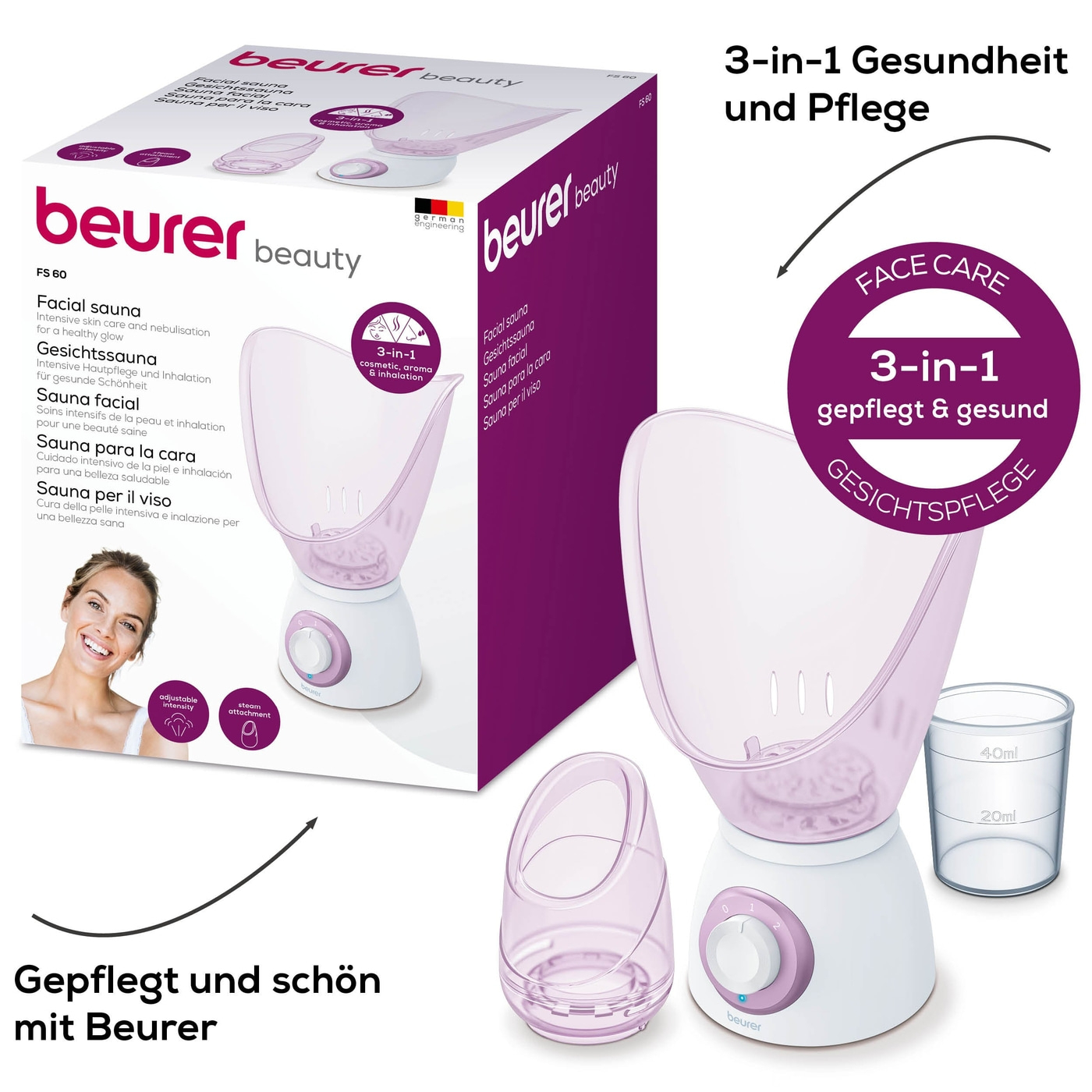 Scatola e contenuto del prodotto sauna facciale Beurer Beauty: sauna, misurino.