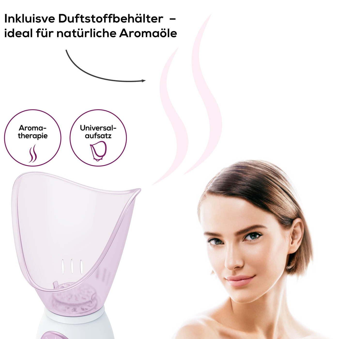 Volto di donna accanto a un vaporizzatore facciale viola.