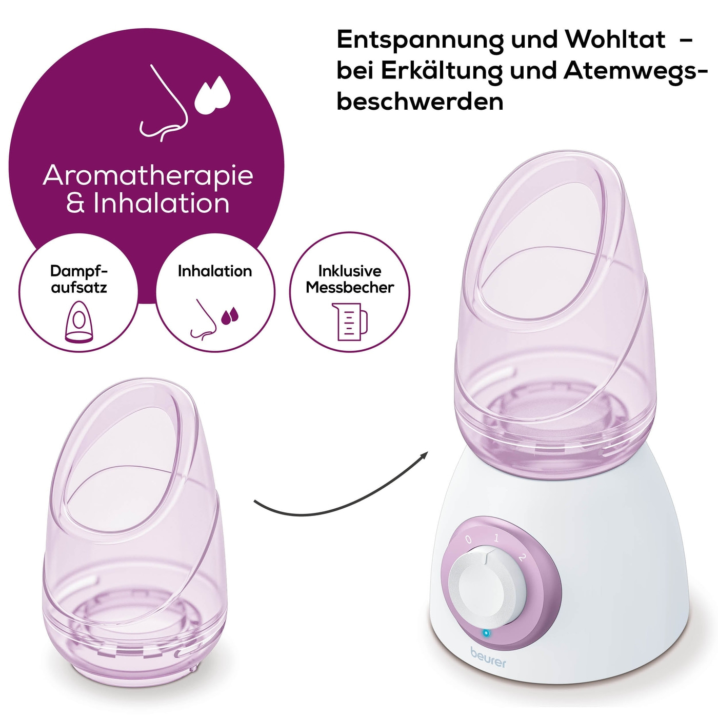 Dispositivo per aromaterapia e inalazione. Base bianca, parte superiore rosa e misurino.