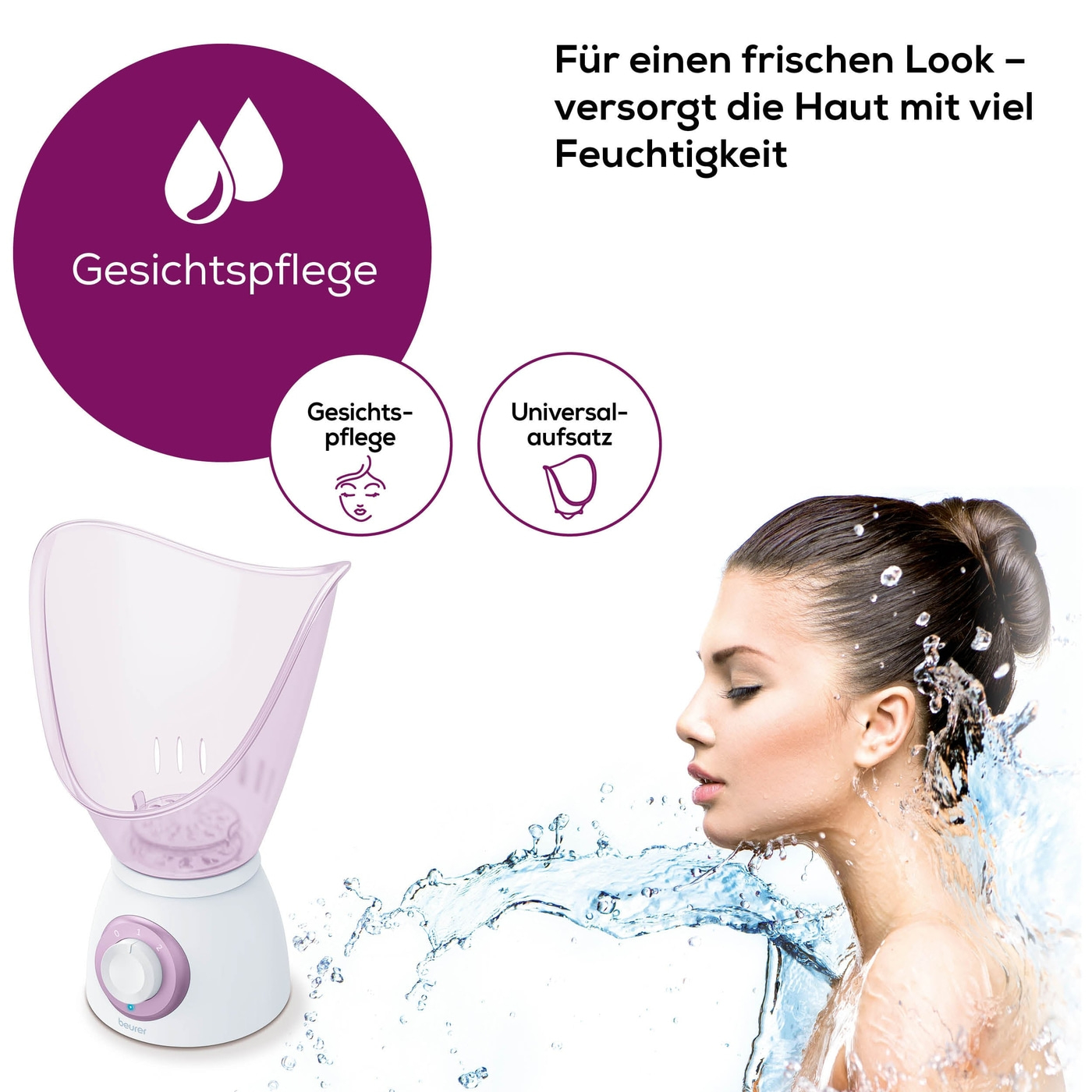 Una donna usa un vaporizzatore facciale, con testo che dice Gesichtsplege e Universalaufsatz. Spruzzi d'acqua sul lato.